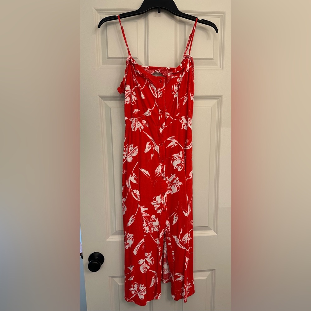 Red and white midi cami dress with button detail up the front.